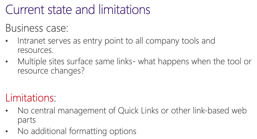 Current state and limitations of intranet Quick Links. These are explained in the following paragraph.