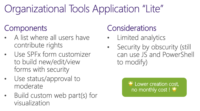 Components and considerations of organizational tools application “lite” version. These are discussed in the following paragraph.